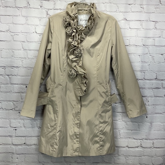 Weatherproof Trench Coat Women's Size M Beige Ruffle Rosette Belted Rain Casual - Picture 5 of 11